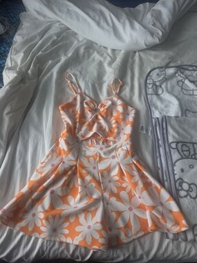 Women's Orange Floral Romper with White Daisy Print